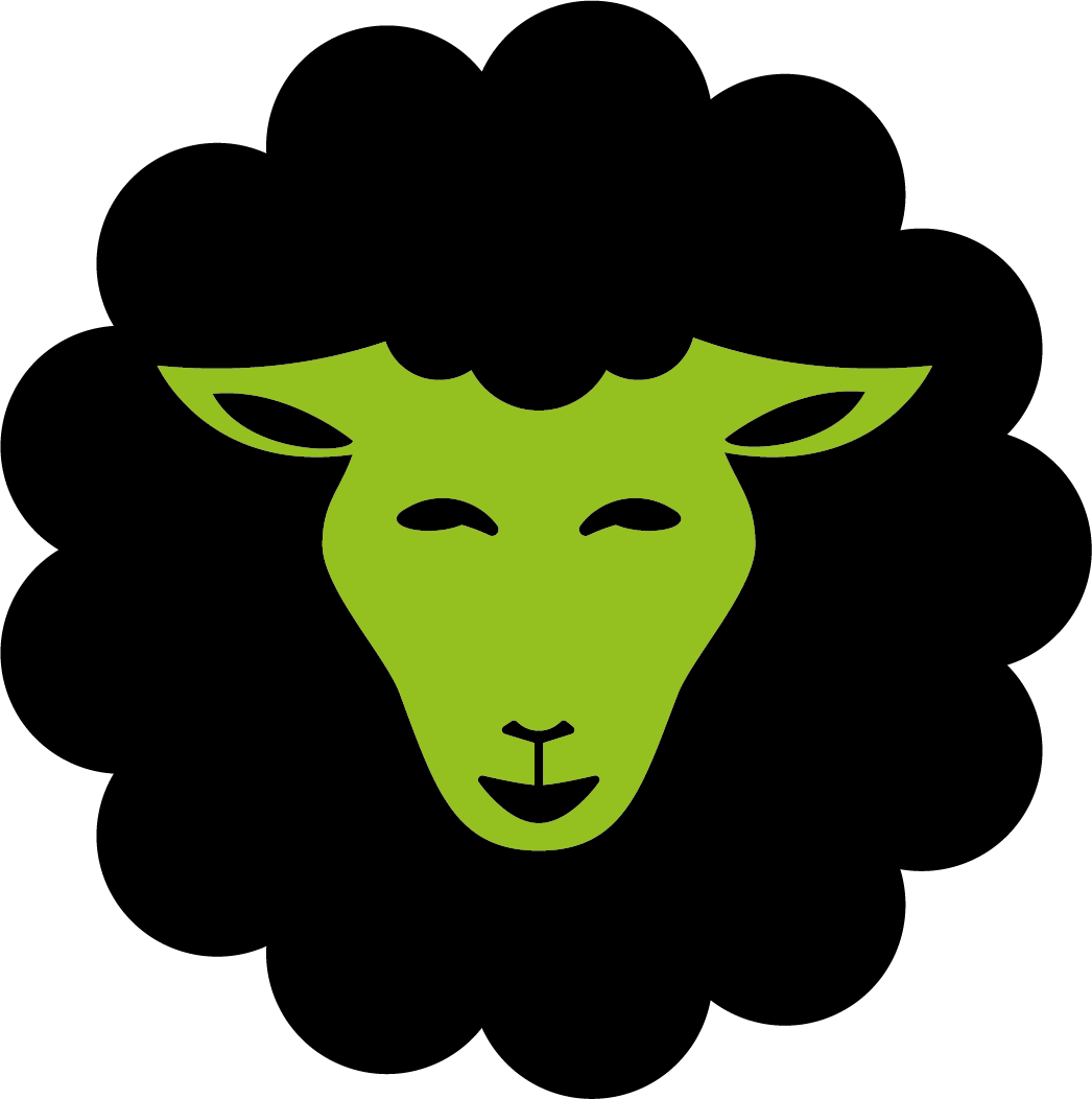 Tête de mouton stylisée en vert avec une toison noire sur fond transparent.