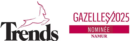 Logo de Trends avec une silhouette de gazelle en rouge et texte "Gazelles 2025" nominé à Namur sur fond blanc.