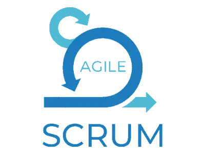 Logo bleu avec un cercle ouvert et le mot "SCRUM" en dessous, sur fond transparent.