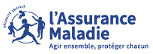 Logo de l'Assurance Maladie en bleu avec silhouettes humaines et texte "Agir ensemble, protéger chacun".