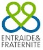 Logo vert et bleu d'Entraide & Fraternité avec deux cœurs entrelacés sur fond blanc.