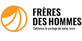 Logo orange et noir avec le texte "Frères des Hommes" et le slogan "Cultivons le partage de notre terre".