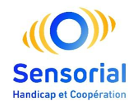 Logo Sensorial avec un cercle bleu entouré d'arcs orange, accompagné du texte "Handicap et Coopération" en bleu.