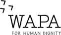 Logo de WAPA avec trois traits inclinés au-dessus des lettres et le texte "For Human Dignity" en dessous.